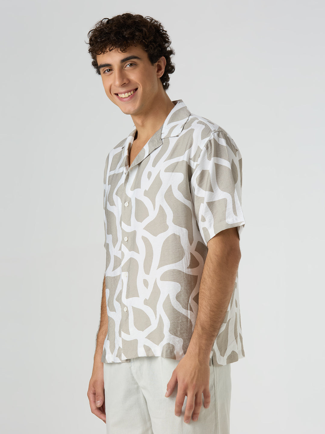 Pebble Half-Sleeves Printed Cuban Collar Shirt - Sand
