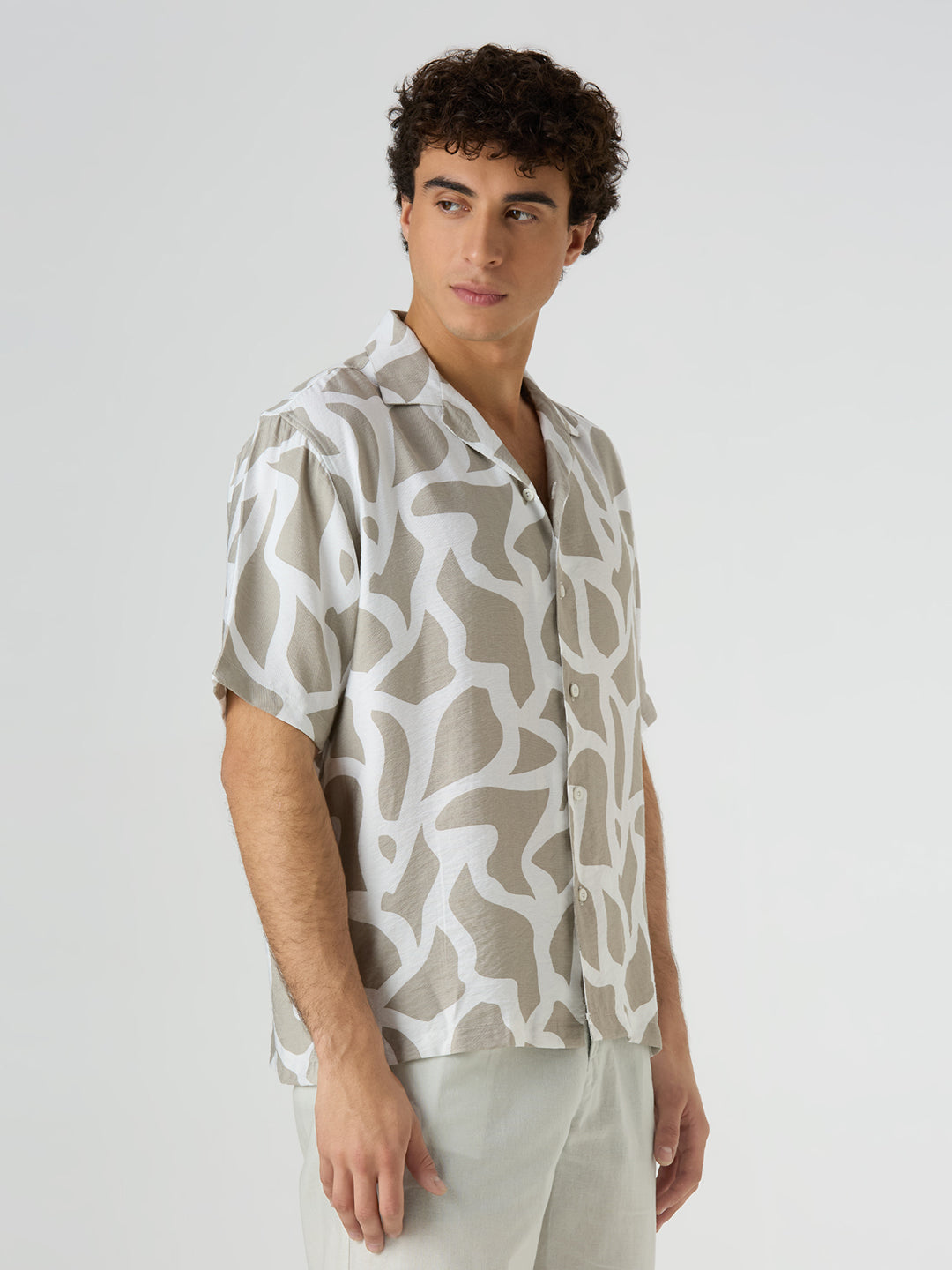 Pebble Half-Sleeves Printed Cuban Collar Shirt - Sand