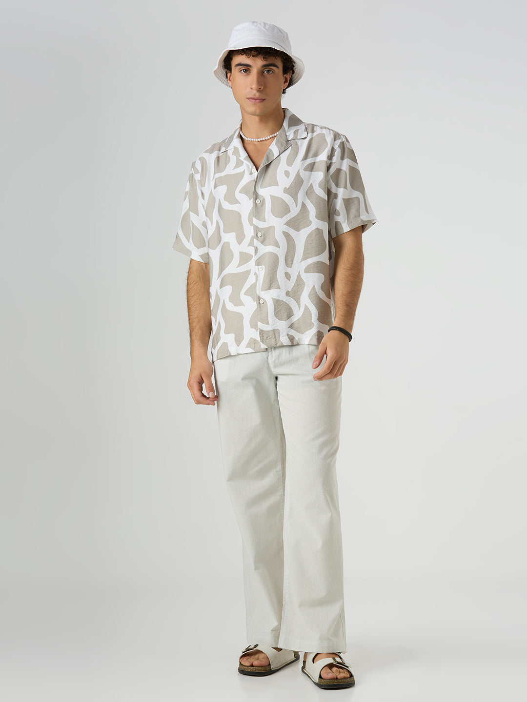 Pebble Half-Sleeves Printed Cuban Collar Shirt - Sand