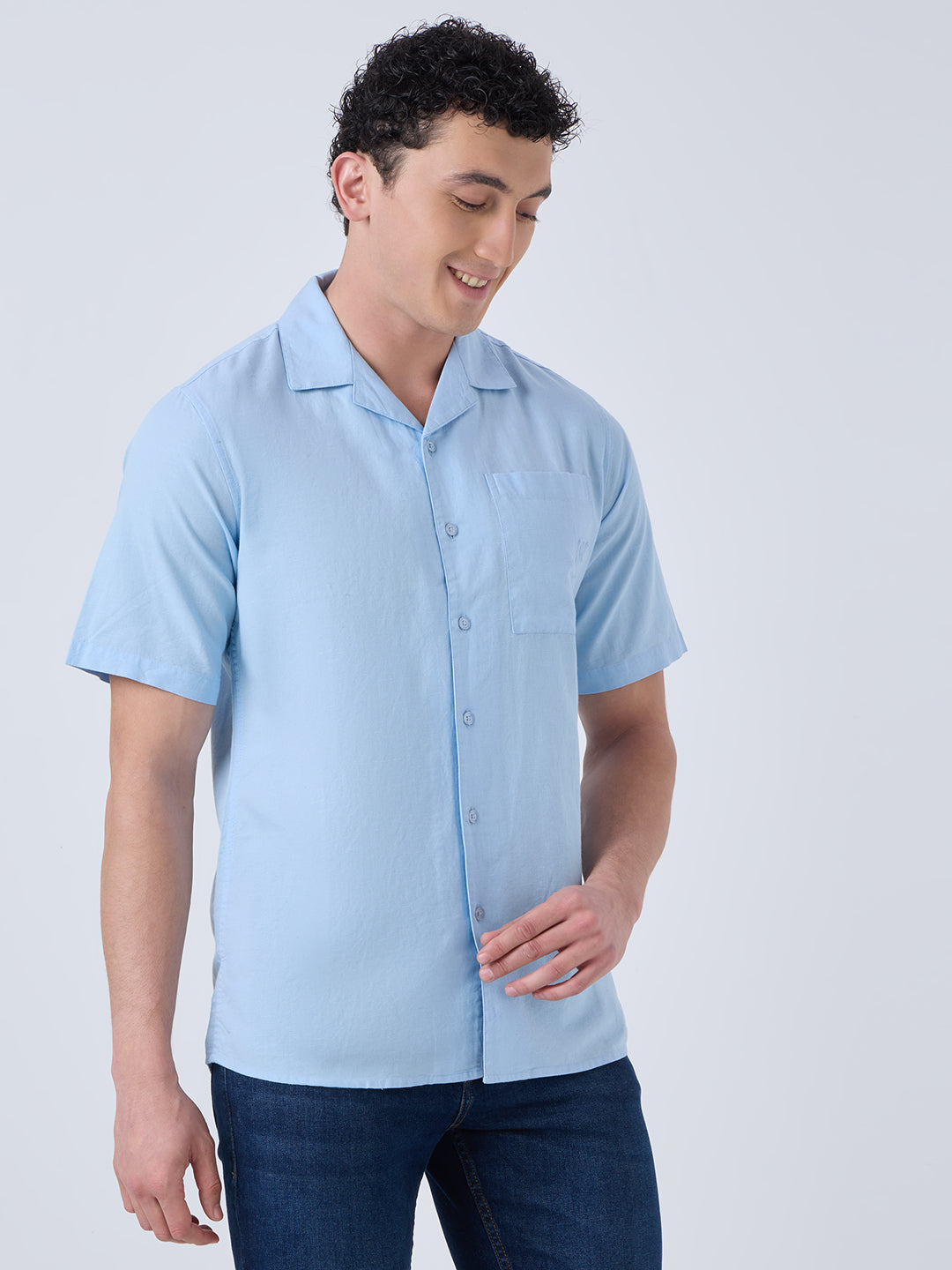 Santorini Half-Sleeves Linen Shirt - Sky Blue