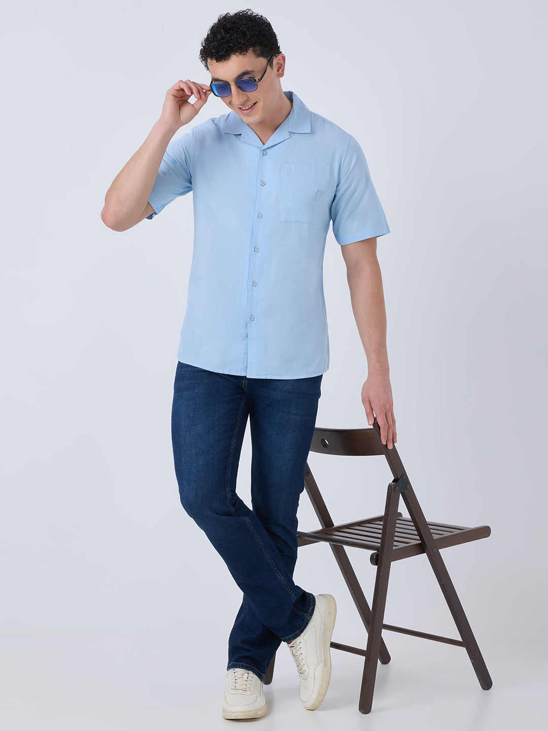 Santorini Half-Sleeves Linen Shirt - Sky Blue
