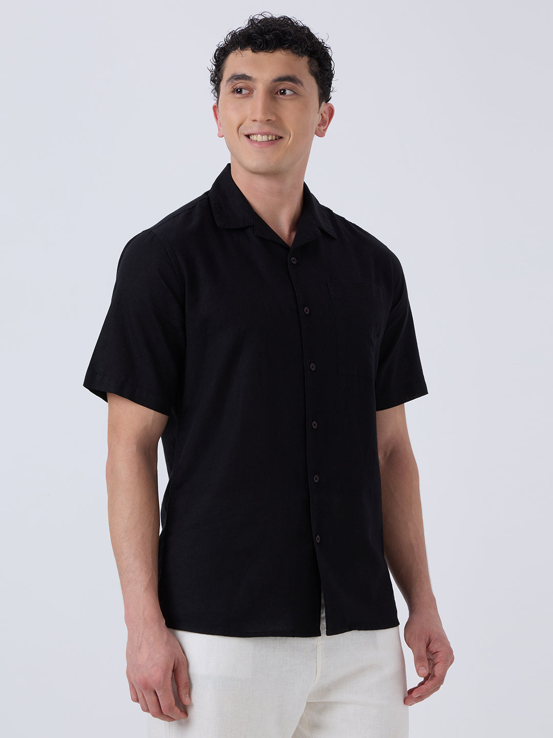 Santorini Half-Sleeves Linen Shirt - Black