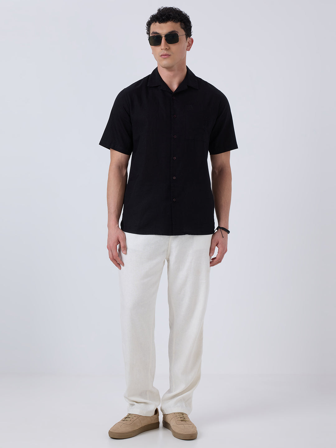 Santorini Half-Sleeves Linen Shirt - Black