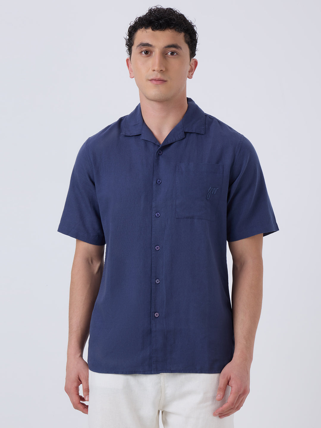 Santorini Half-Sleeves Linen Shirt - Navy Blue