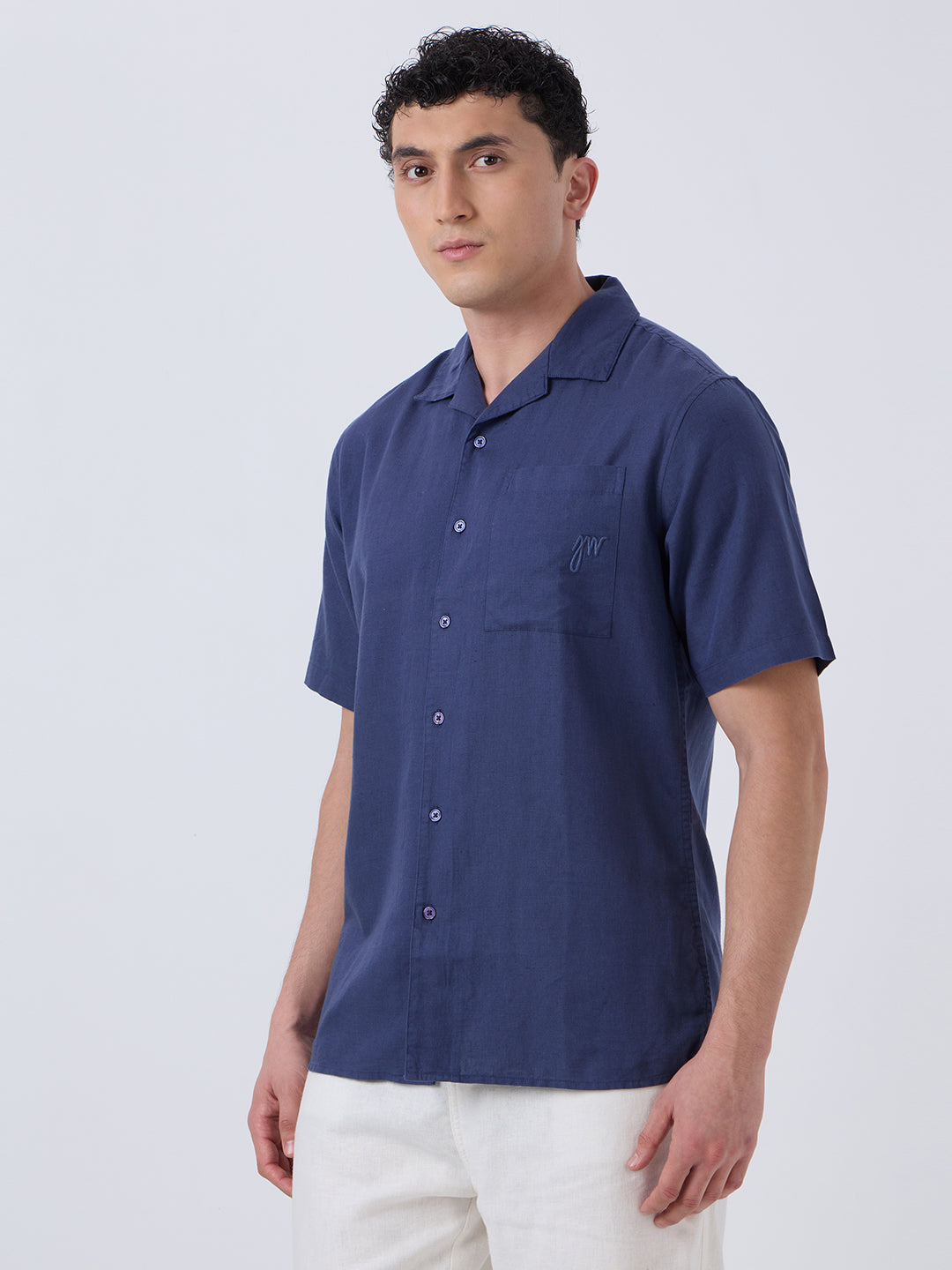 Santorini Half-Sleeves Linen Shirt - Navy Blue