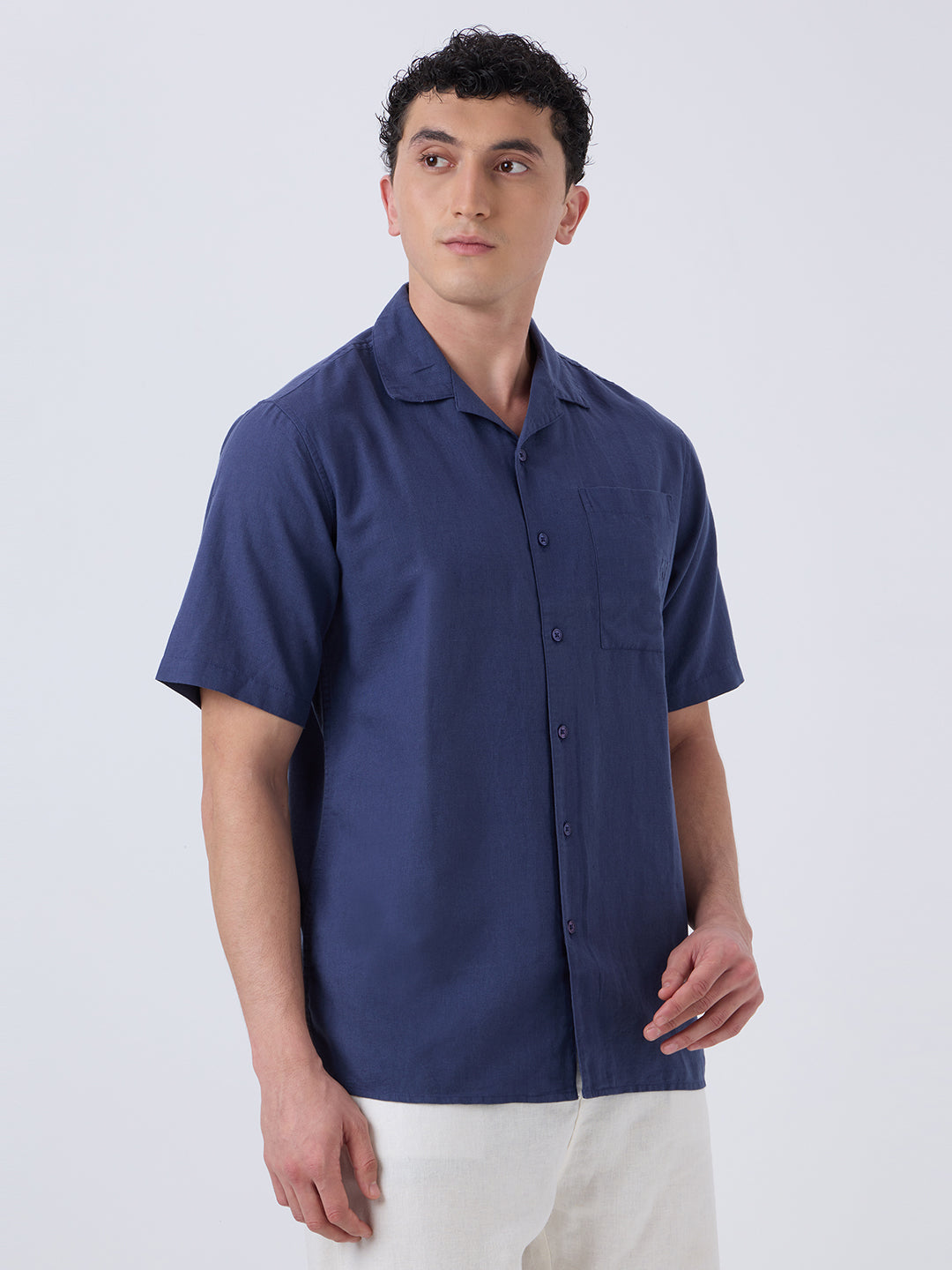 Santorini Half-Sleeves Linen Shirt - Navy Blue