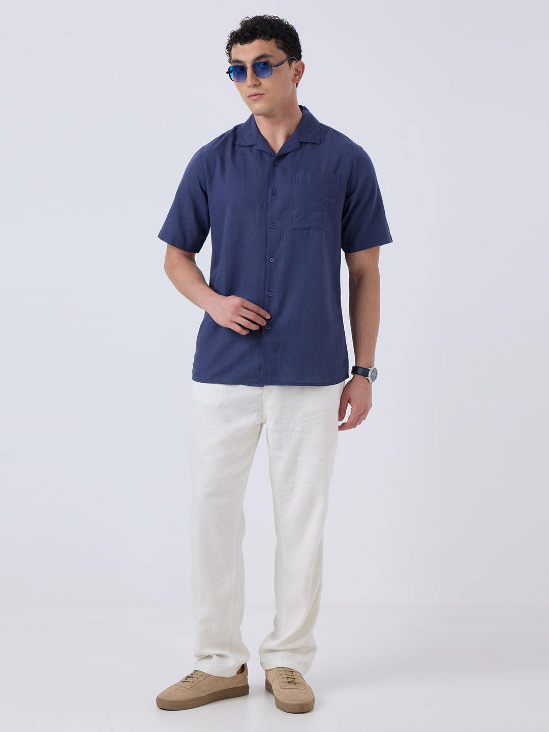 Santorini Half-Sleeves Linen Shirt - Navy Blue