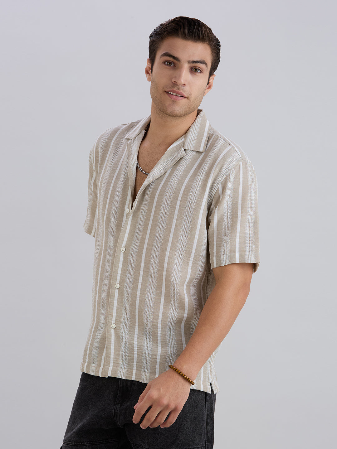 Span Half-Sleeves Striped Cuban Collar Shirt - Light Brown