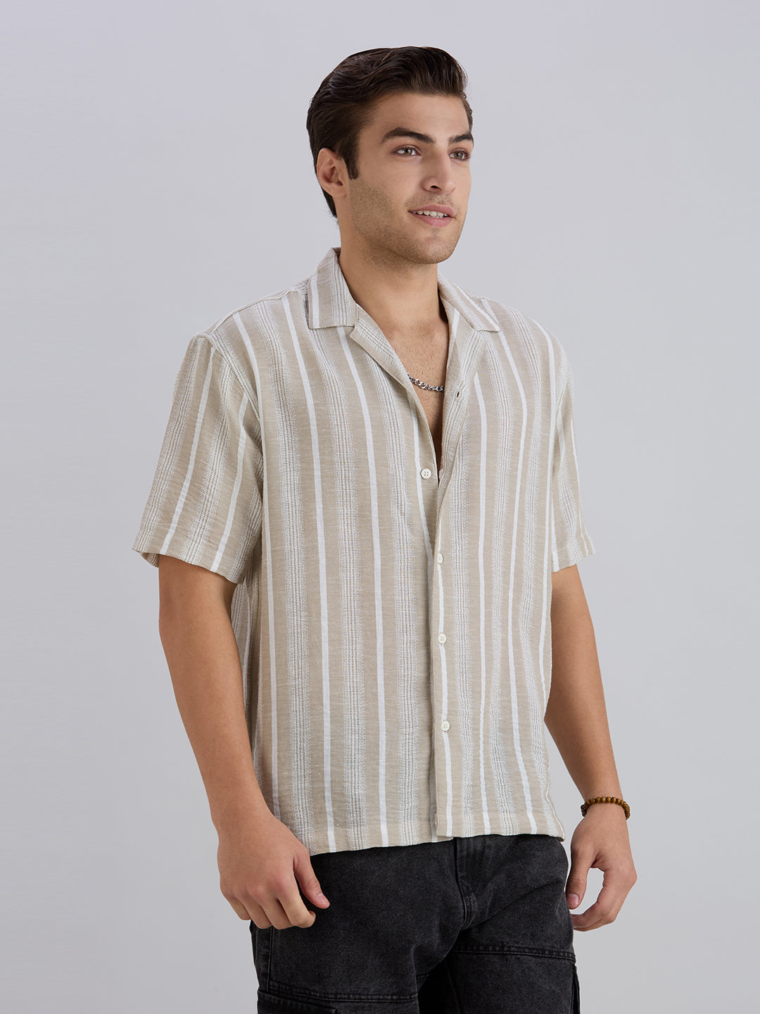 Span Half-Sleeves Striped Cuban Collar Shirt - Light Brown