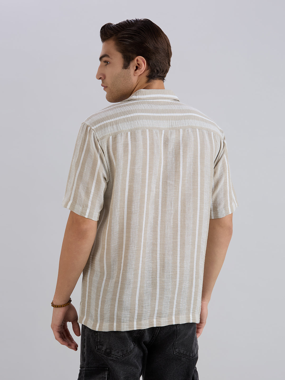 Span Half-Sleeves Striped Cuban Collar Shirt - Light Brown