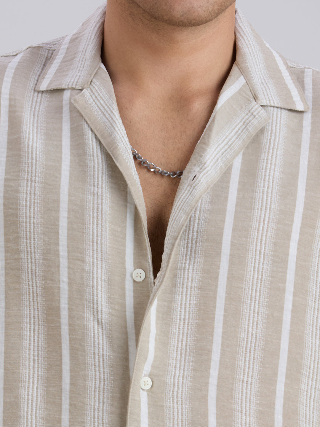 Span Half-Sleeves Striped Cuban Collar Shirt - Light Brown