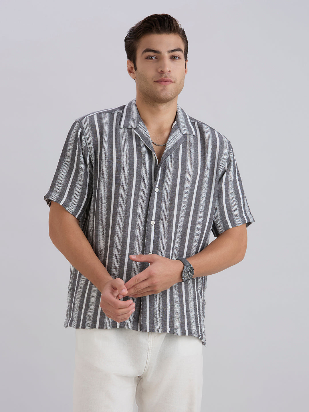 Span Half-Sleeves Striped Cuban Collar Shirt - Black