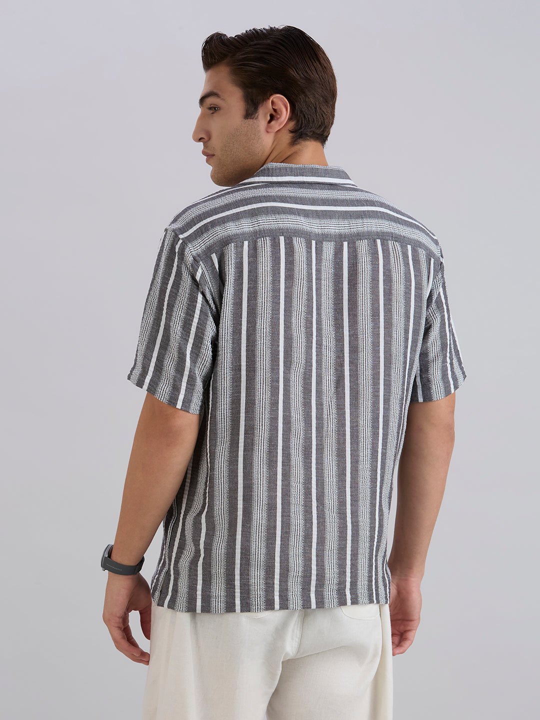 Span Half-Sleeves Striped Cuban Collar Shirt - Black