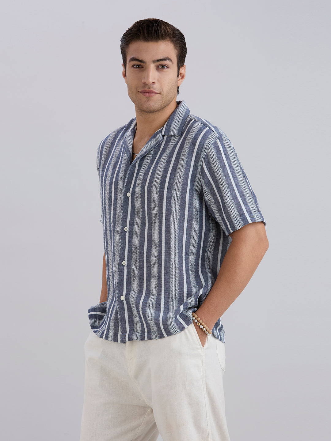 Span Half-Sleeves Striped Cuban Collar Shirt - Blue