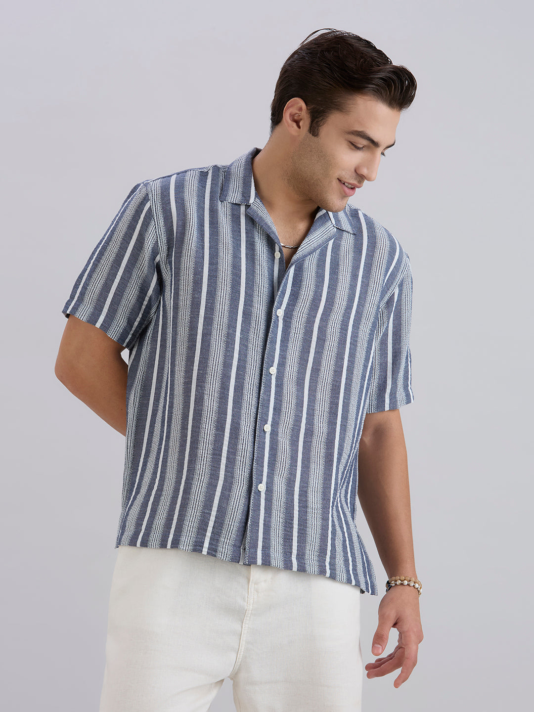 Span Half-Sleeves Striped Cuban Collar Shirt - Blue