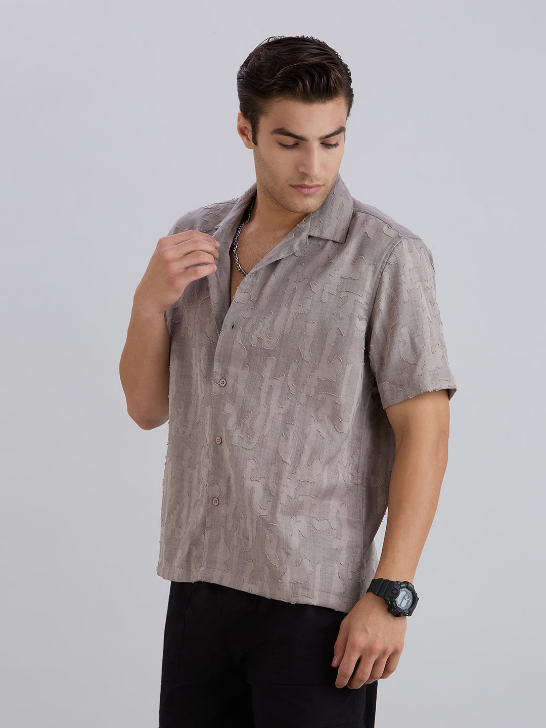 Fossil Half-Sleeves Textured Cuban Collar Shirt - Grey