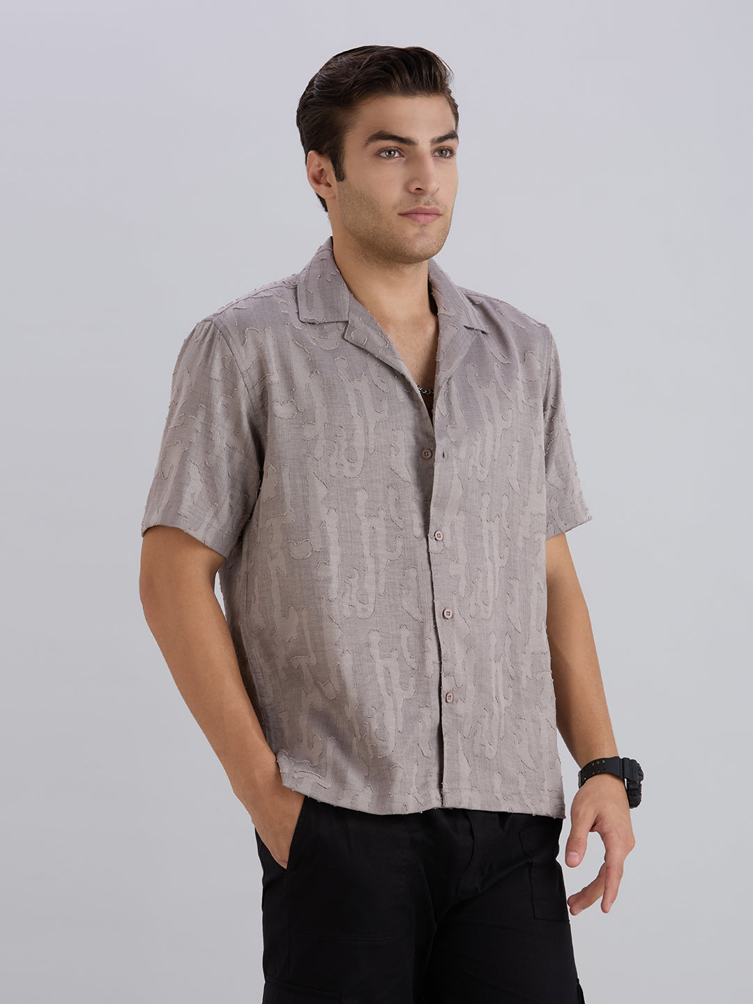 Fossil Half-Sleeves Textured Cuban Collar Shirt - Grey