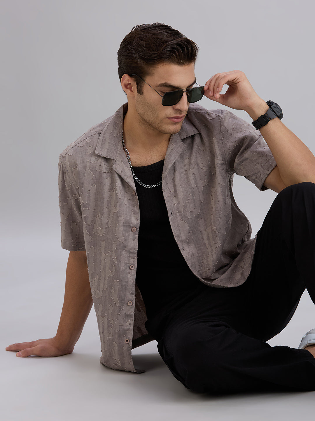 Fossil Half-Sleeves Textured Cuban Collar Shirt - Grey