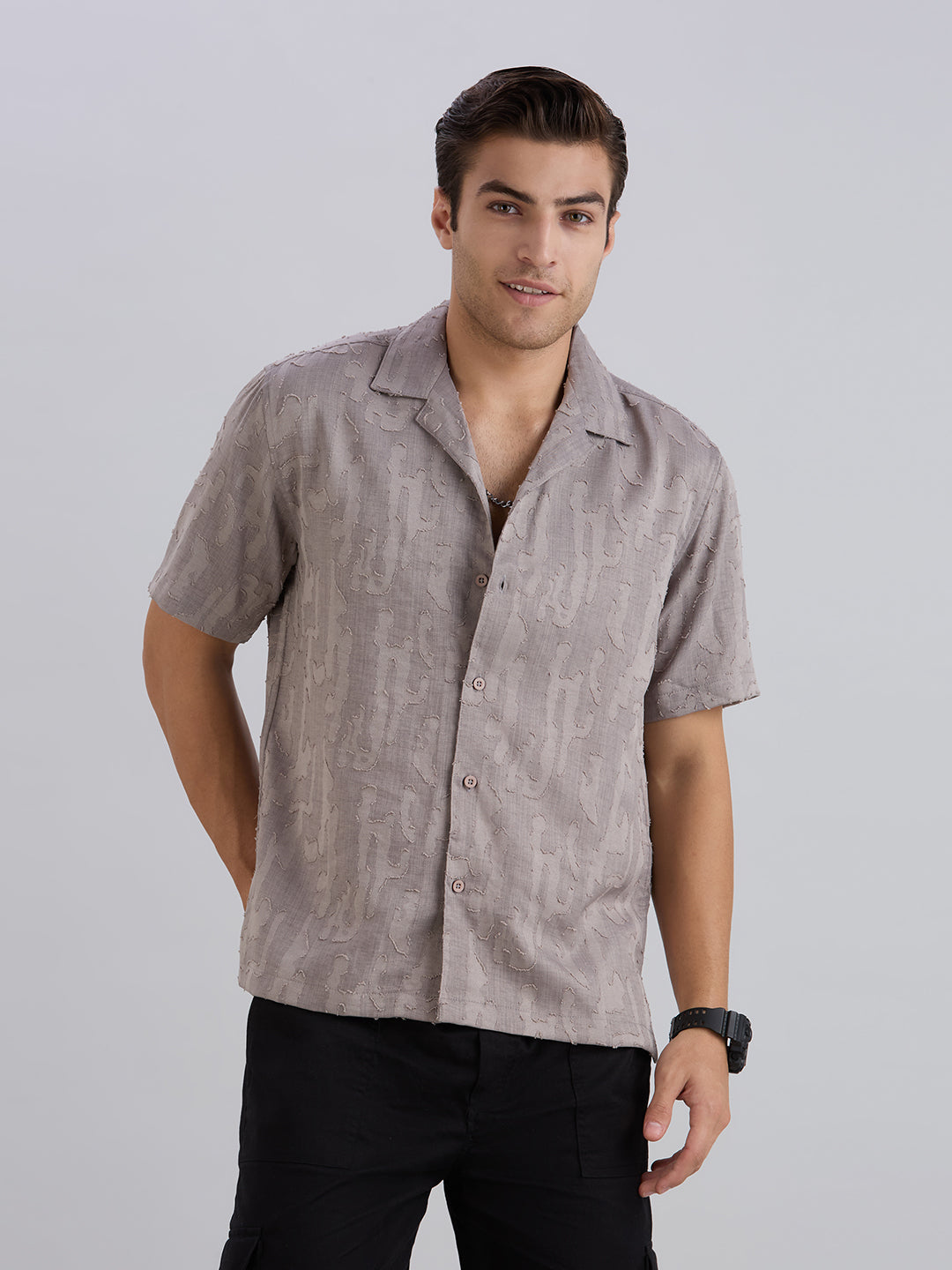 Fossil Half-Sleeves Textured Cuban Collar Shirt - Grey