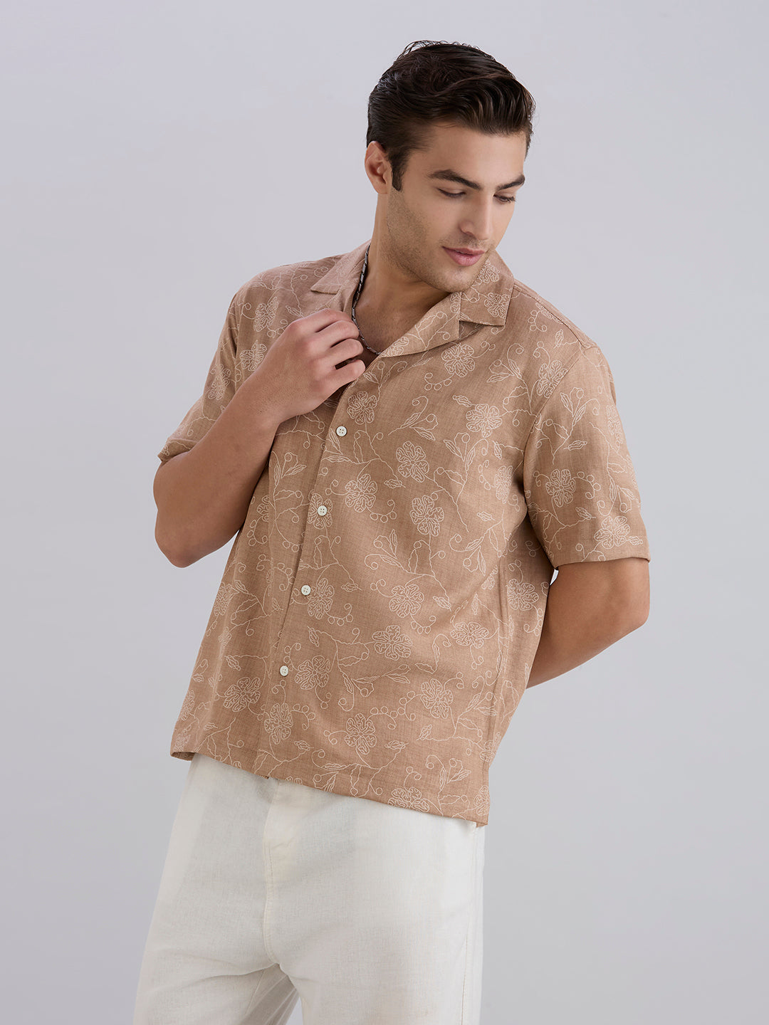 Aura Half-Sleeves Printed Cuban Collar Shirt - Brown