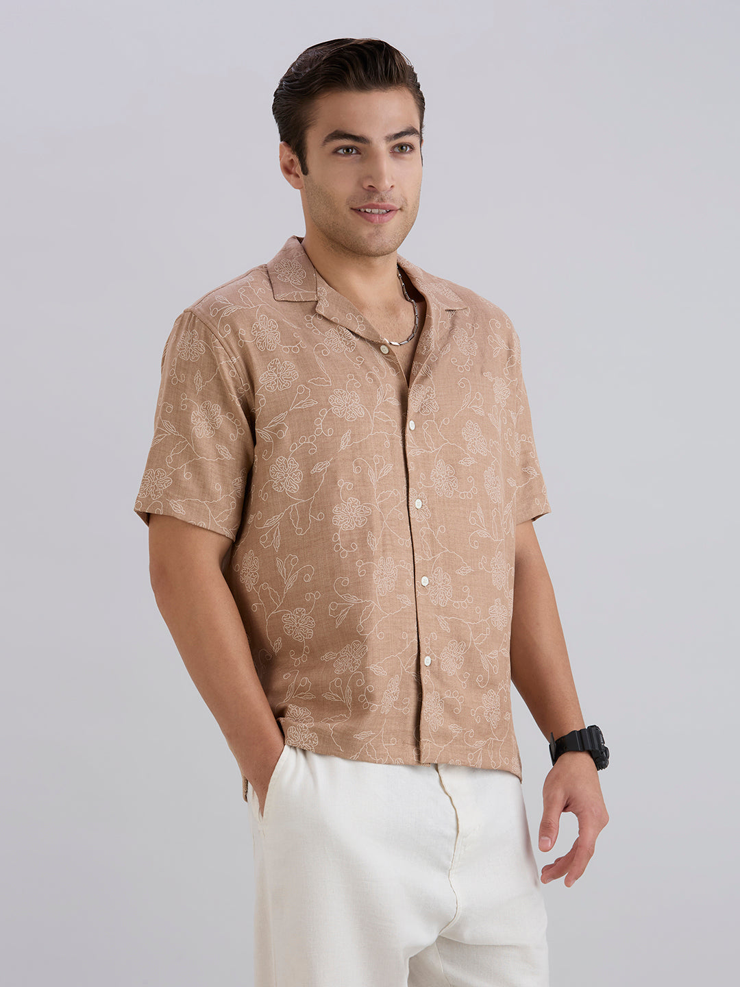 Aura Half-Sleeves Printed Cuban Collar Shirt - Brown