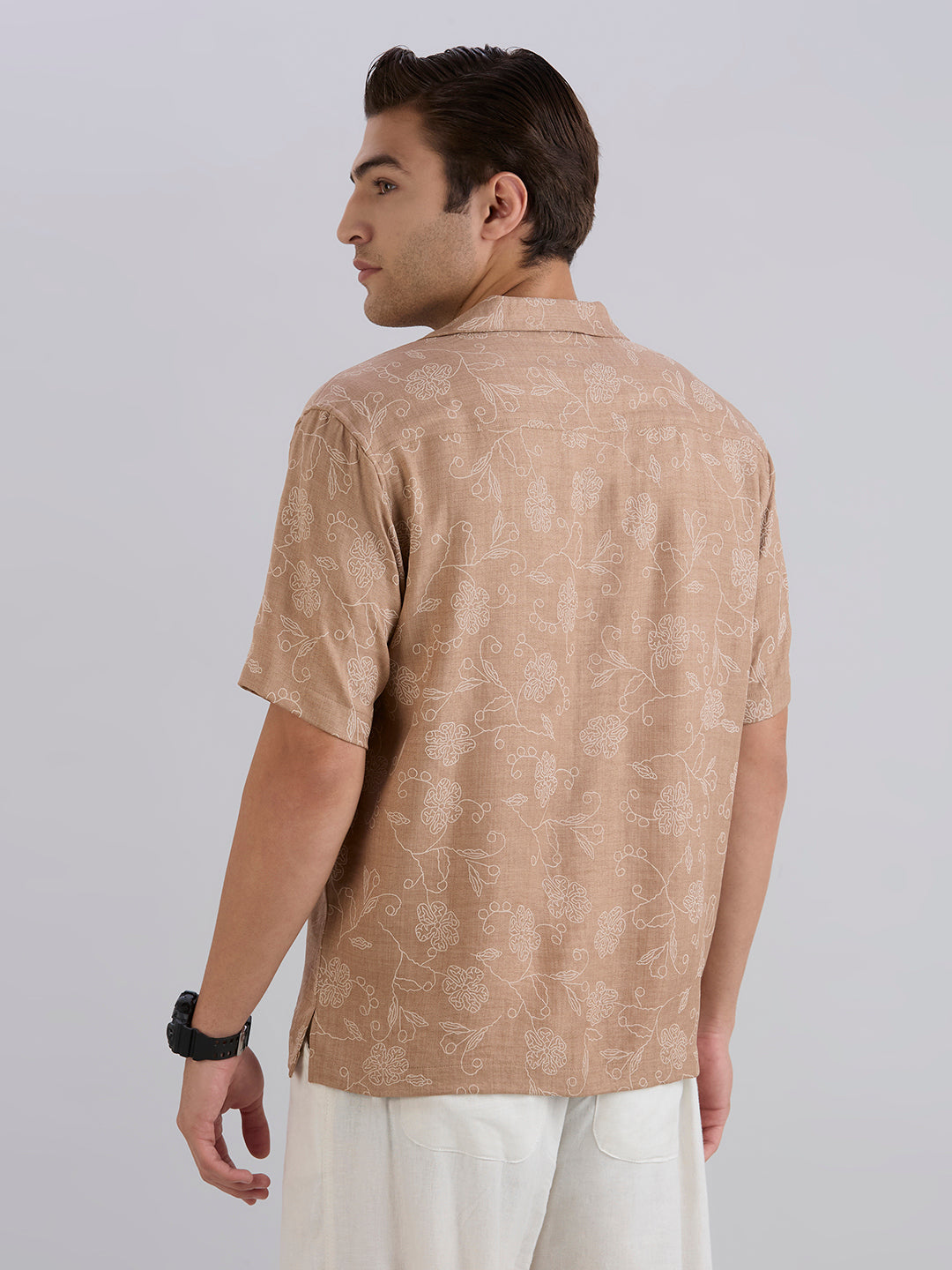 Aura Half-Sleeves Printed Cuban Collar Shirt - Brown