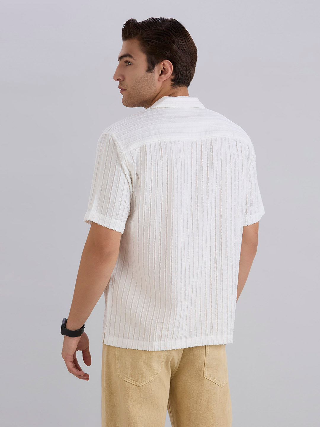 Mark Half-Sleeves Textured Cuban Collar Shirt - White