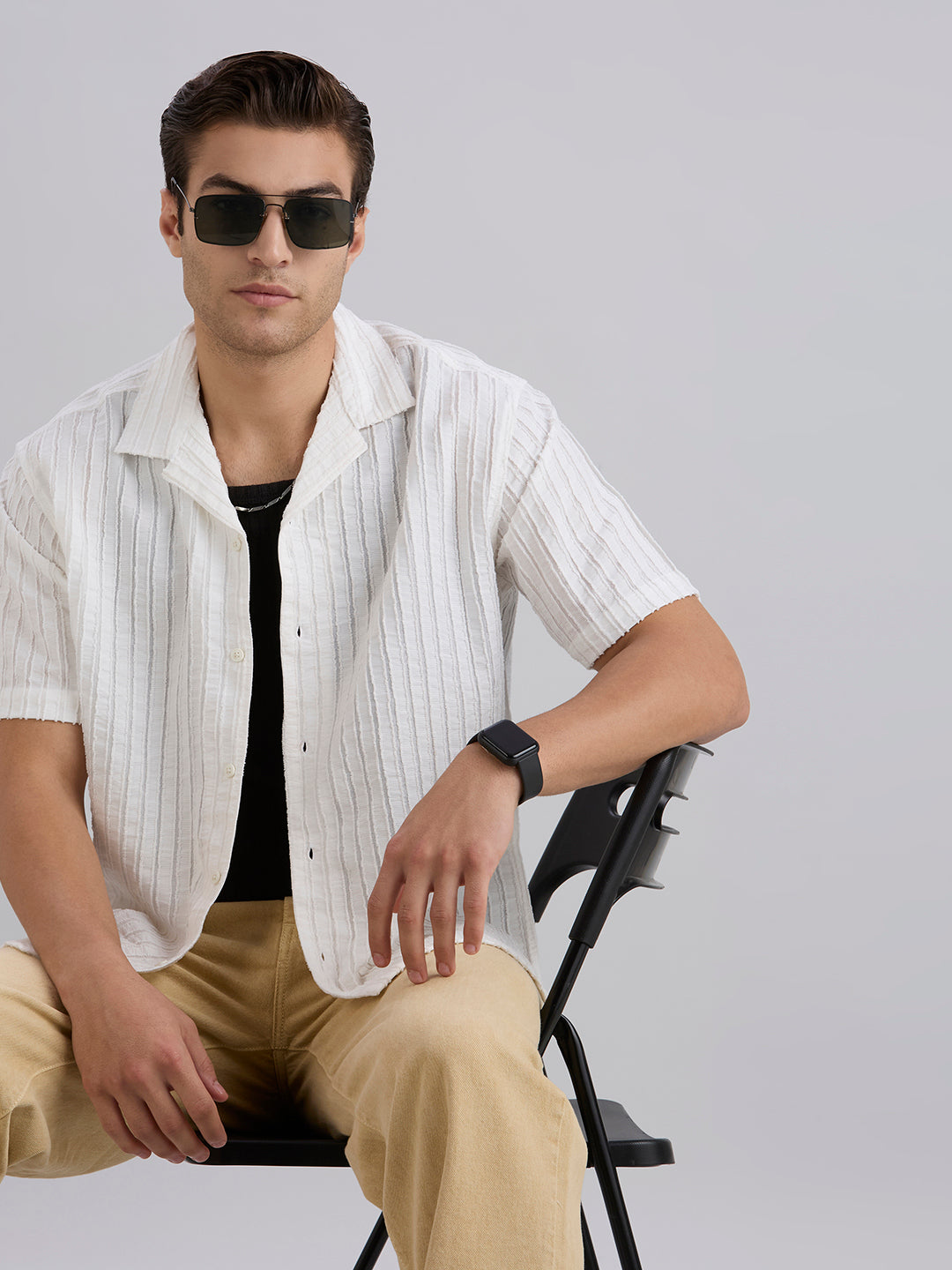 Mark Half-Sleeves Textured Cuban Collar Shirt - White