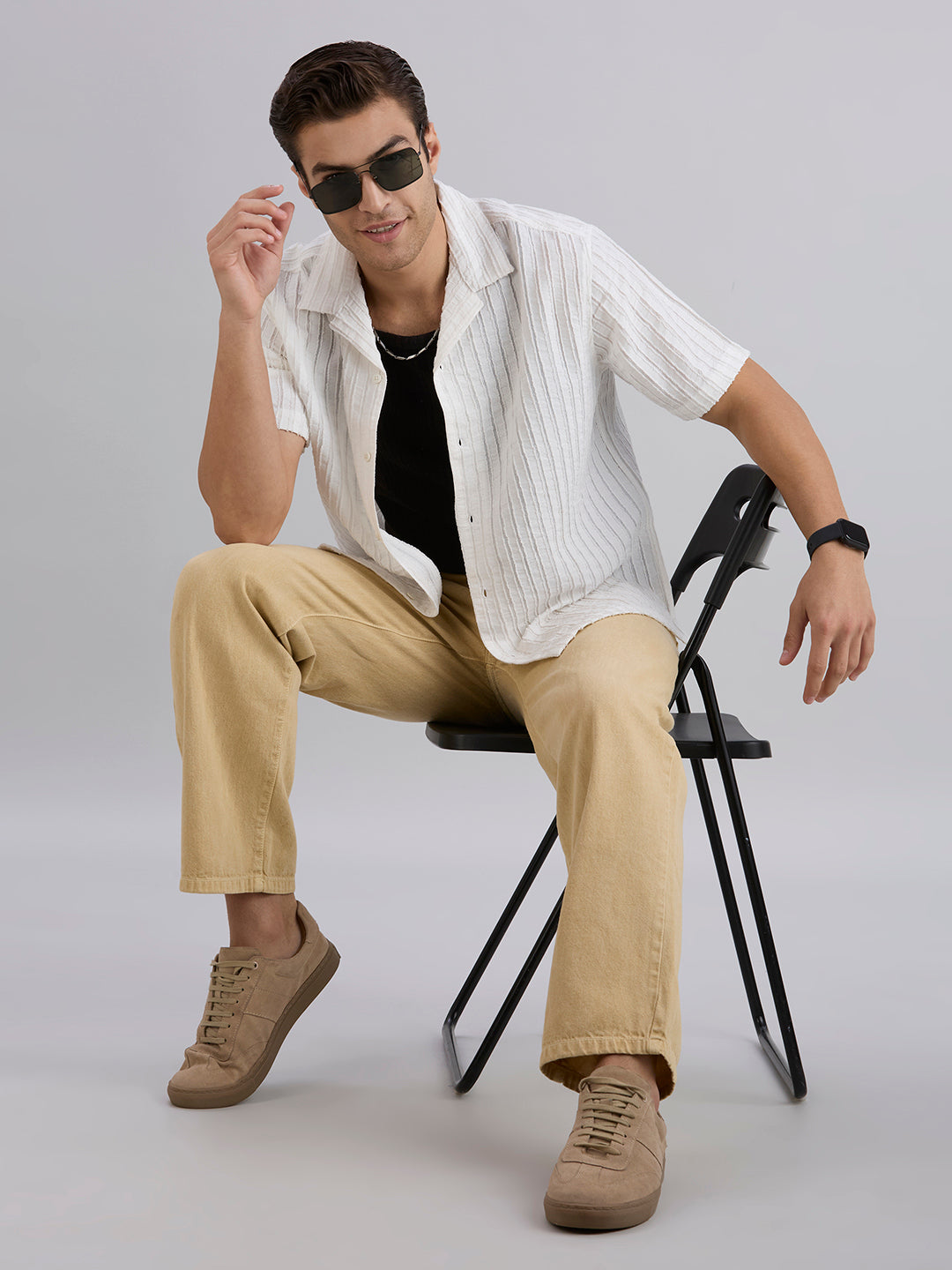 Mark Half-Sleeves Textured Cuban Collar Shirt - White