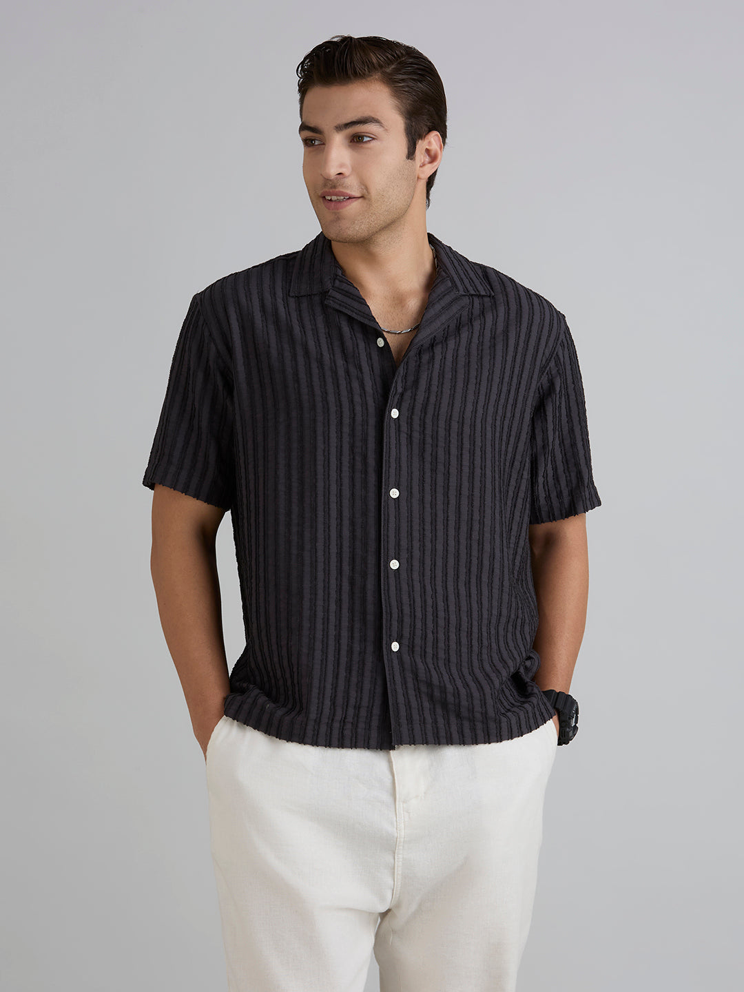 Mark Half-Sleeves Textured Cuban Collar Shirt - Dark Grey