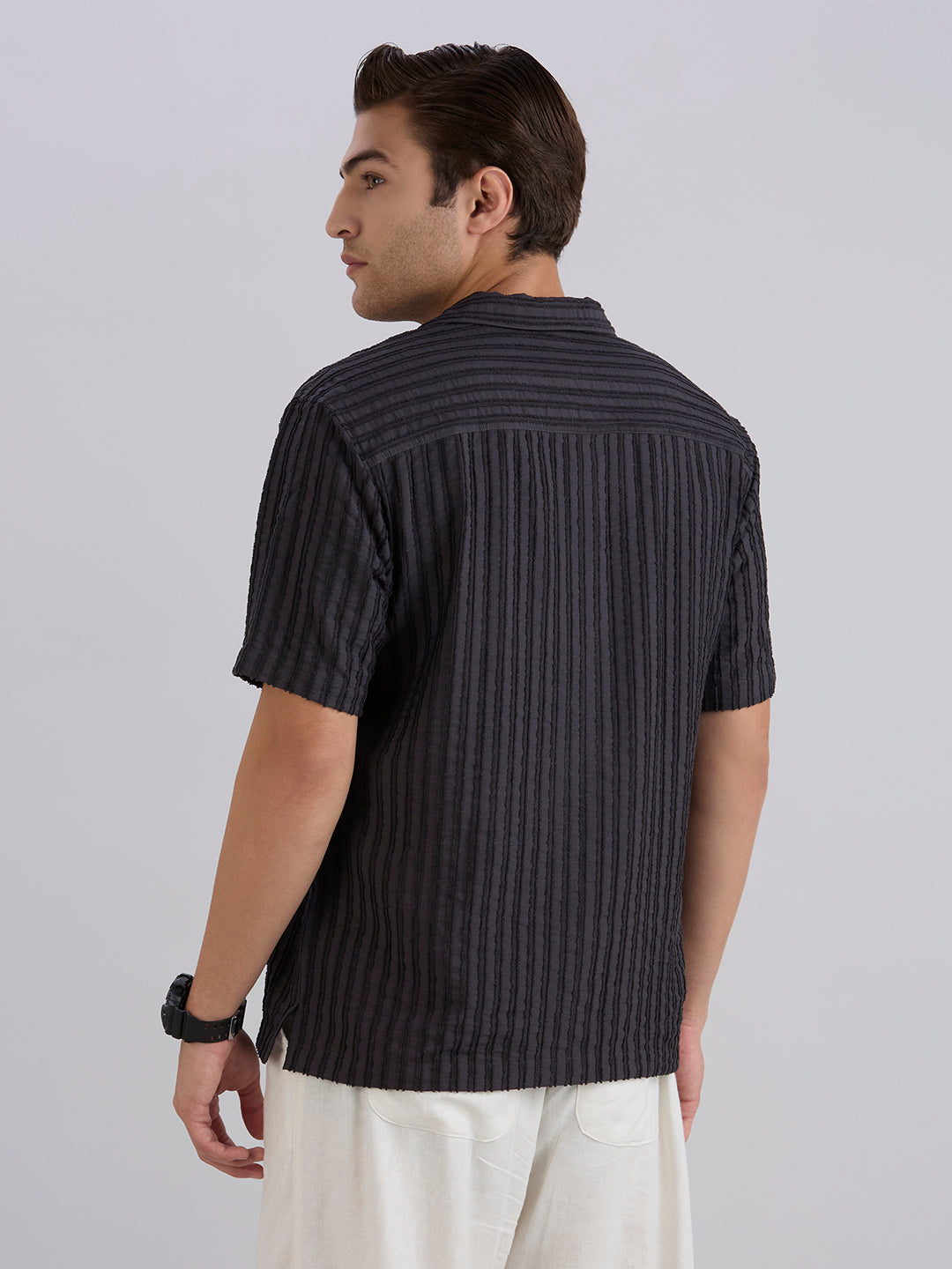 Mark Half-Sleeves Textured Cuban Collar Shirt - Dark Grey