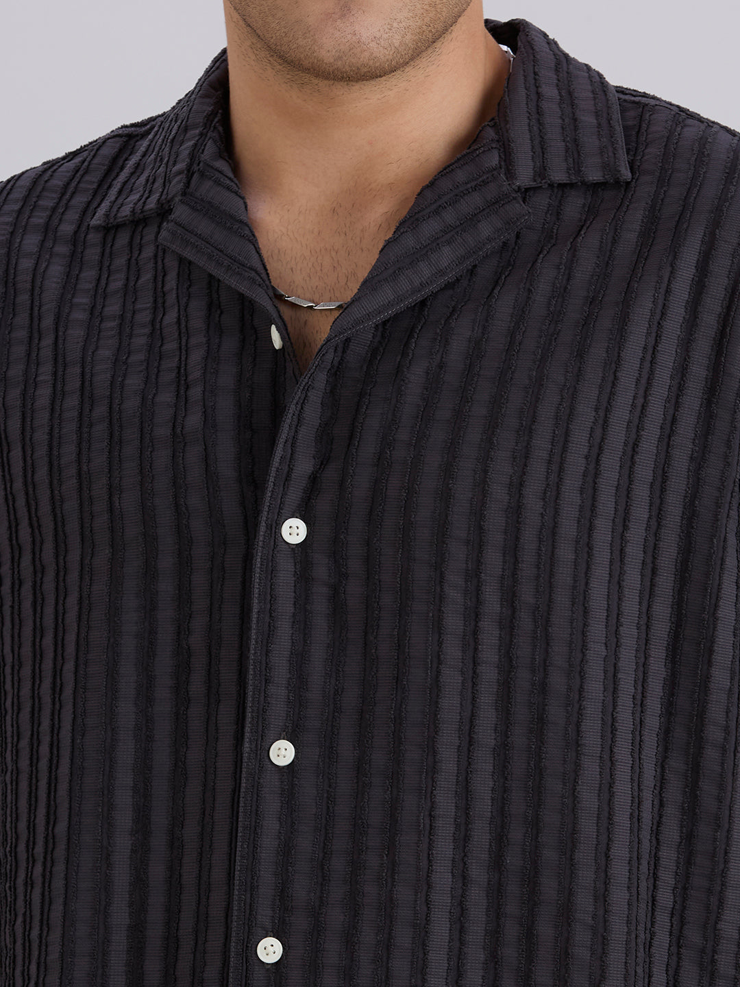 Mark Half-Sleeves Textured Cuban Collar Shirt - Dark Grey