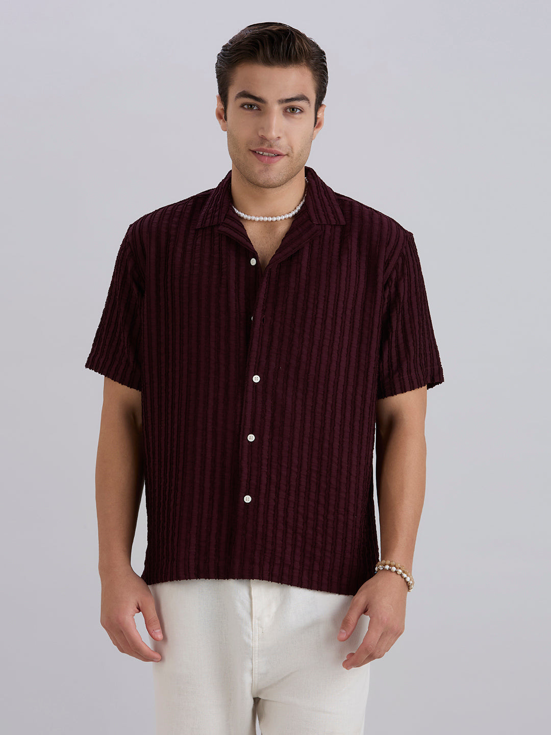 Mark Half-Sleeves Textured Cuban Collar Shirt - Maroon