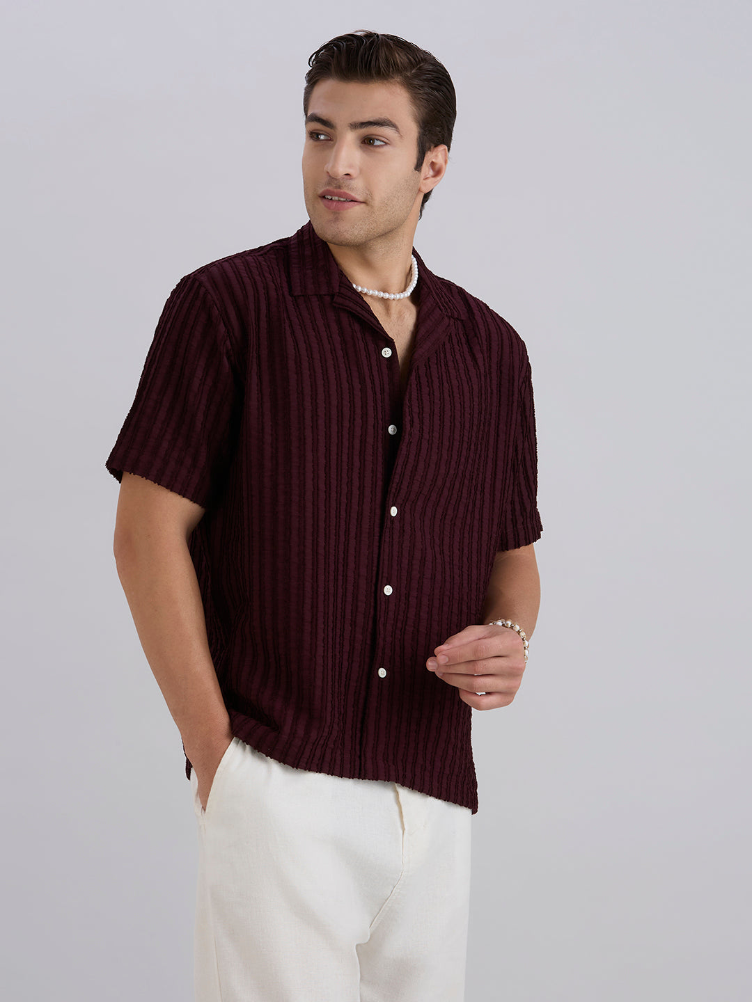 Mark Half-Sleeves Textured Cuban Collar Shirt - Maroon