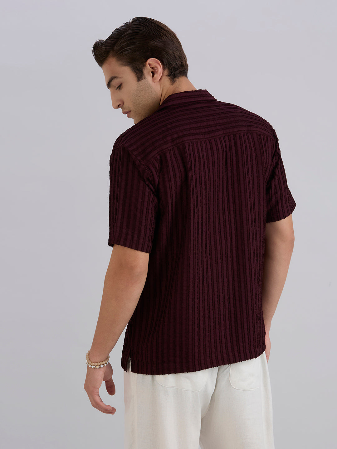 Mark Half-Sleeves Textured Cuban Collar Shirt - Maroon