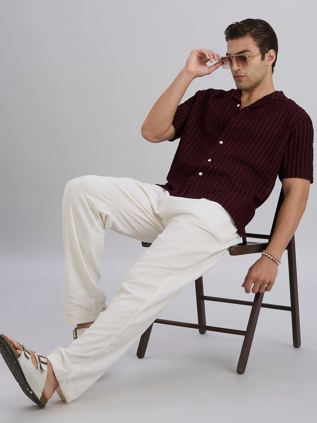Mark Half-Sleeves Textured Cuban Collar Shirt - Maroon