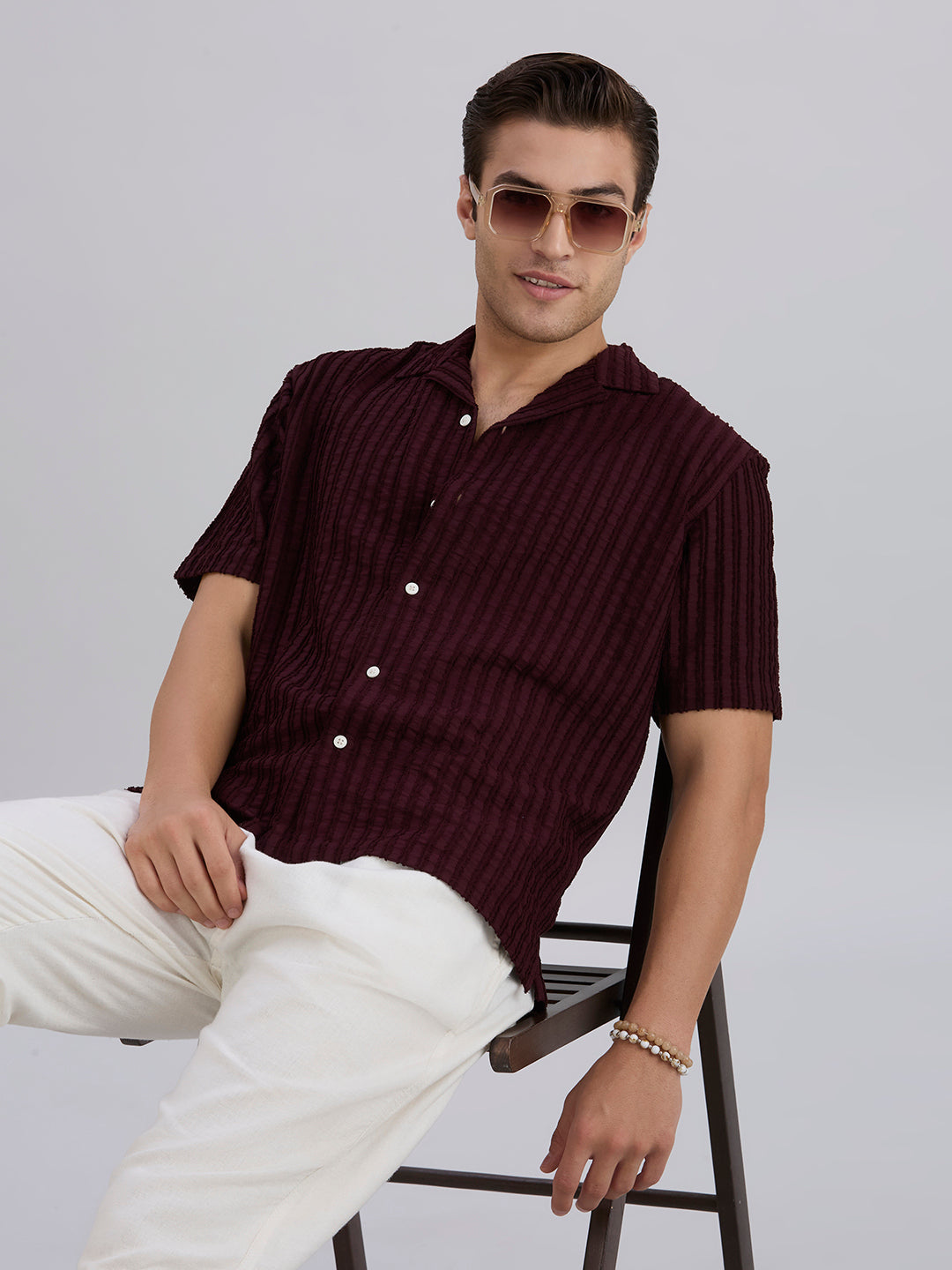Mark Half-Sleeves Textured Cuban Collar Shirt - Maroon