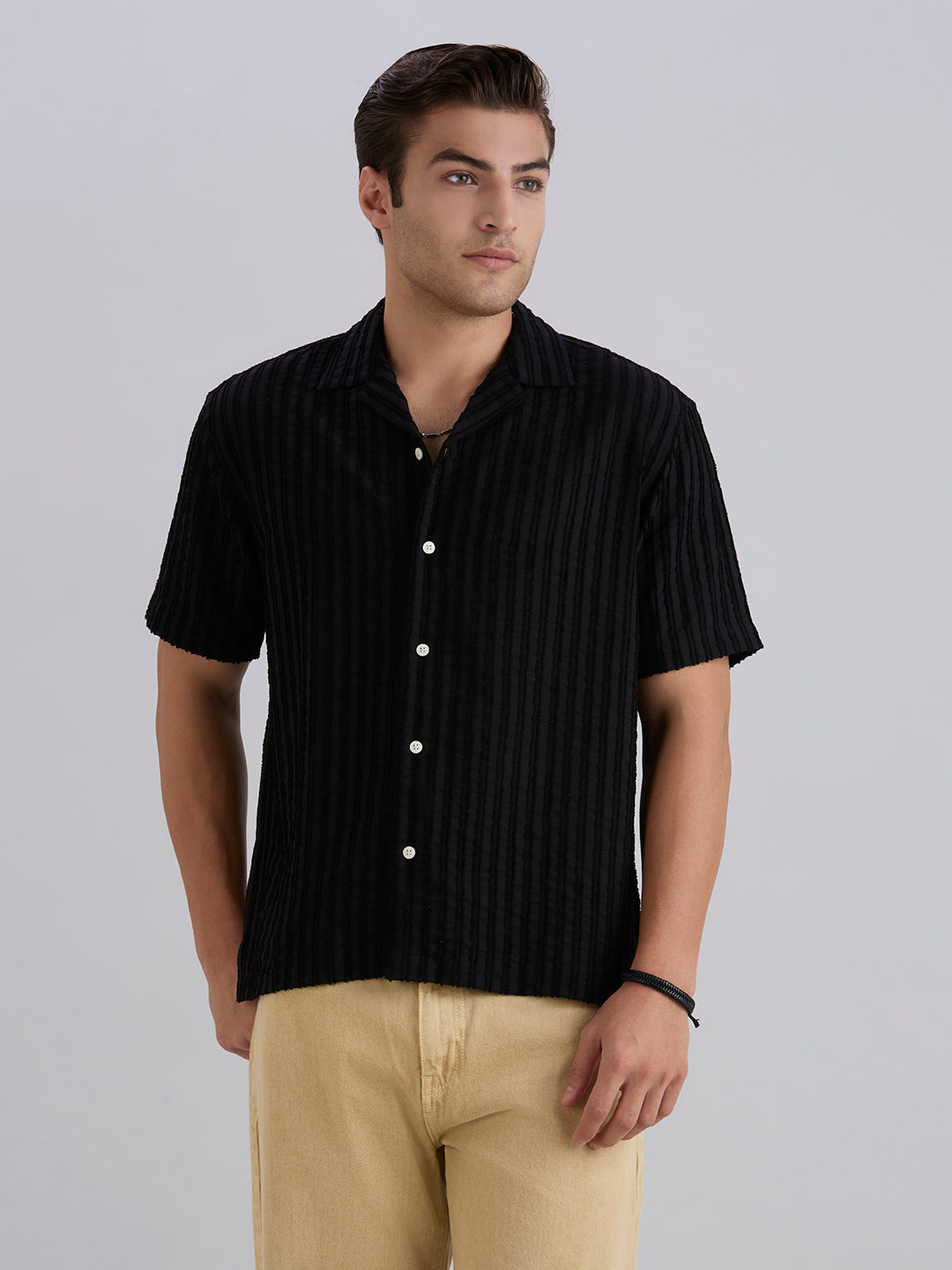 Mark Half-Sleeves Textured Cuban Collar Shirt - Black