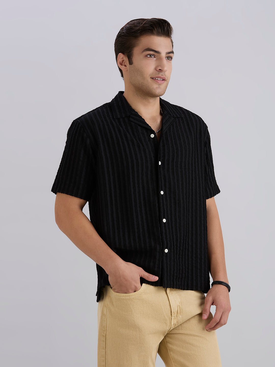 Mark Half-Sleeves Textured Cuban Collar Shirt - Black