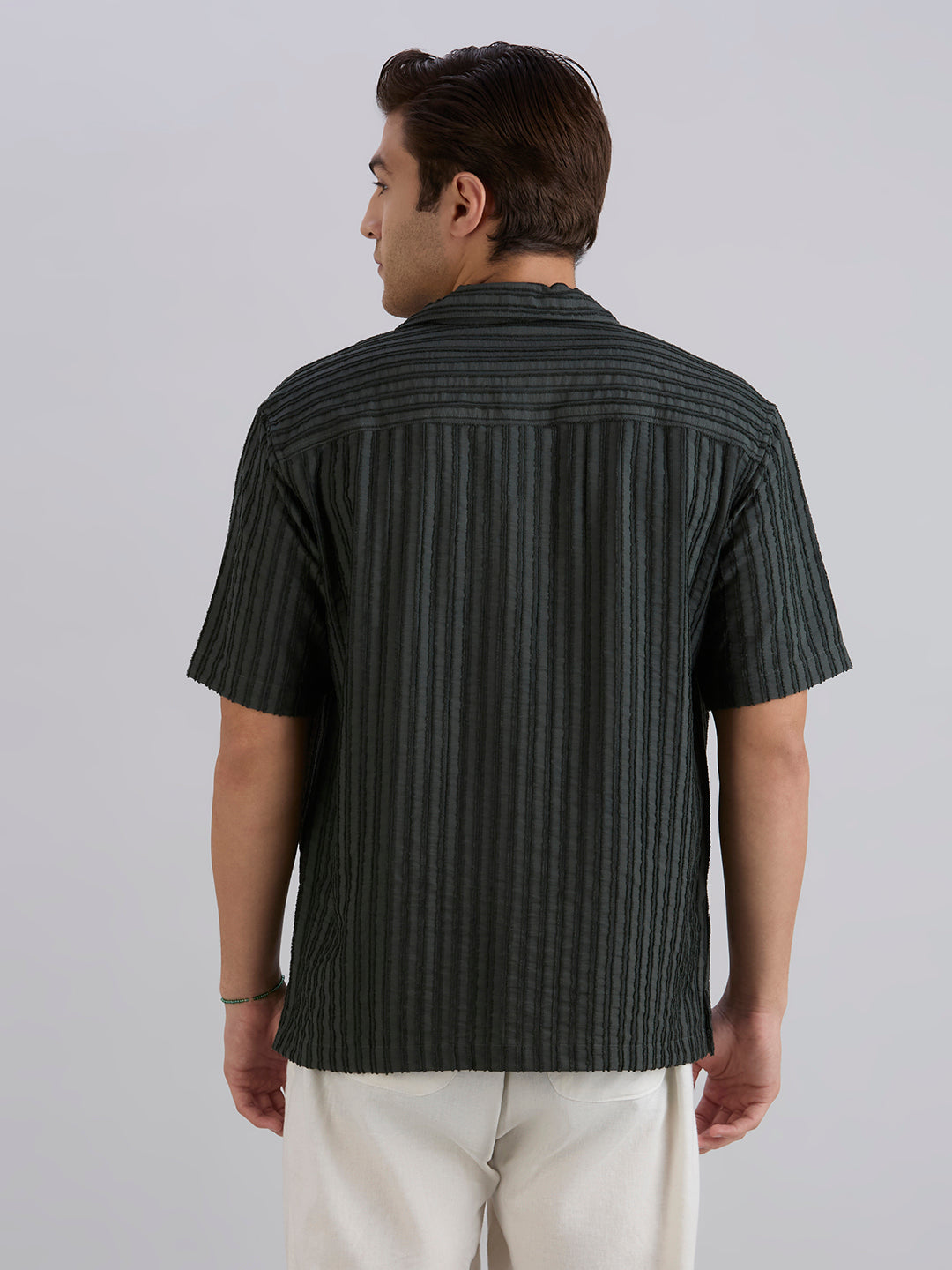 Mark Half-Sleeves Textured Cuban Collar Shirt - Green