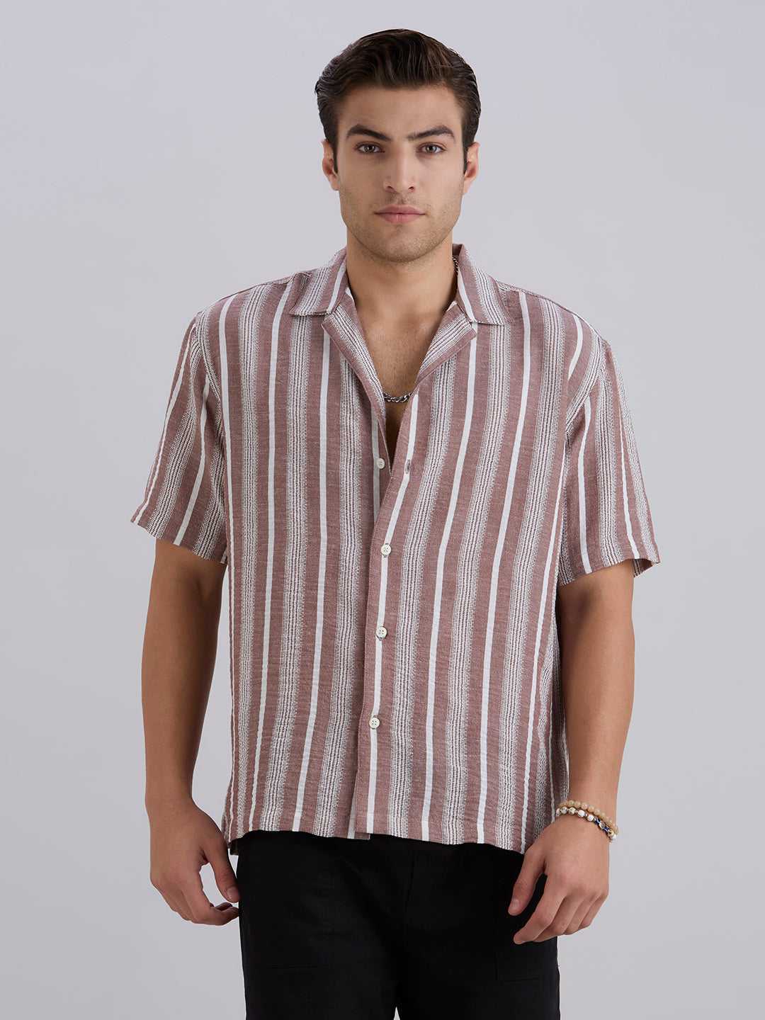 Span Half-Sleeves Striped Cuban Collar Shirt - Brown
