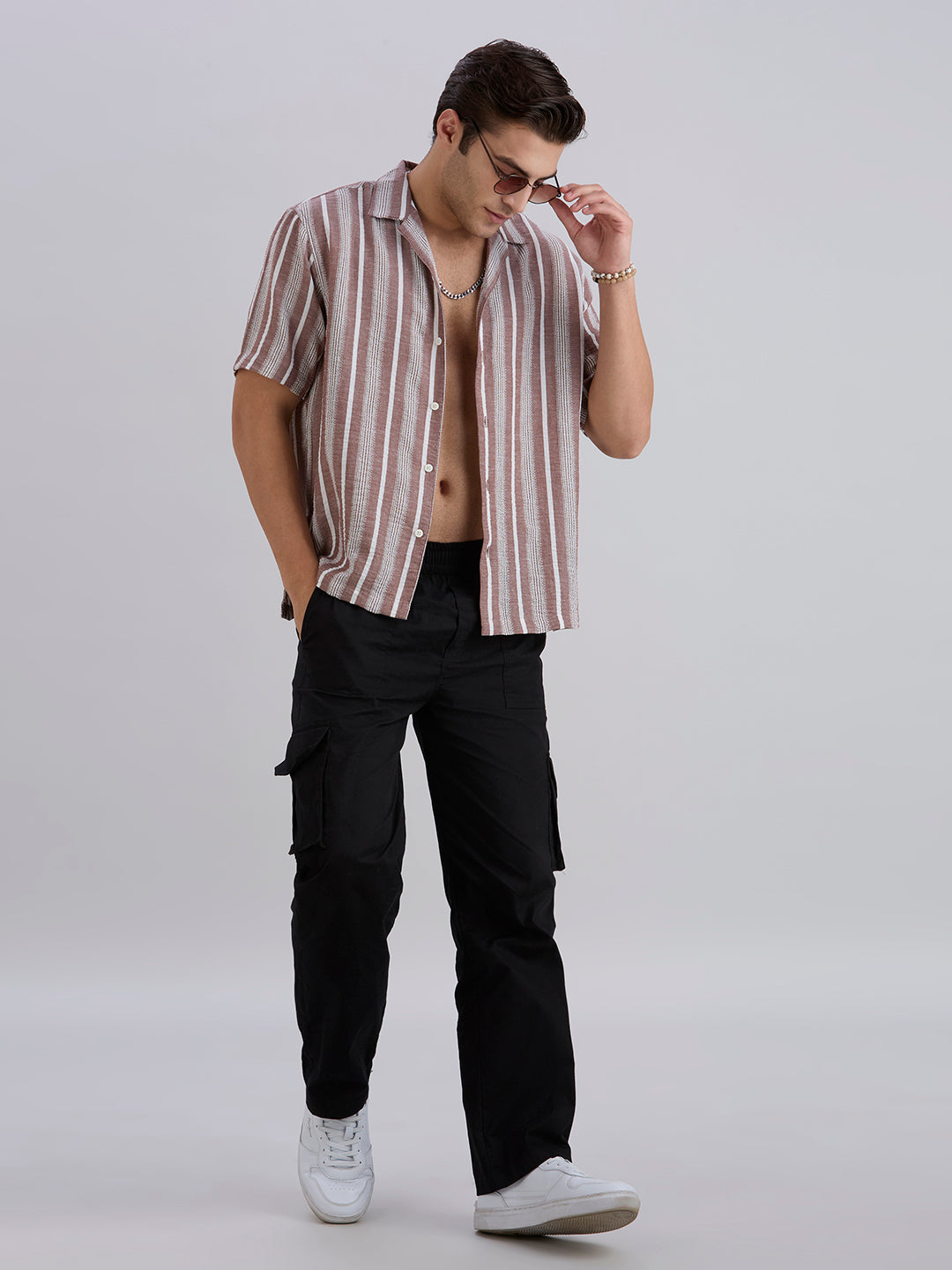 Span Half-Sleeves Striped Cuban Collar Shirt - Brown