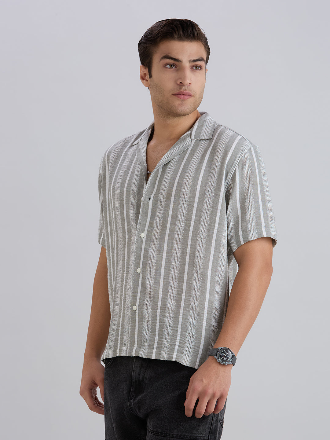 Span Half-Sleeves Striped Cuban Collar Shirt - Grey