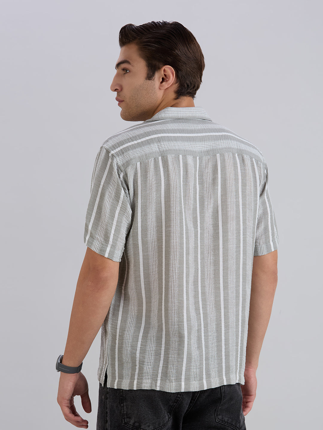 Span Half-Sleeves Striped Cuban Collar Shirt - Grey