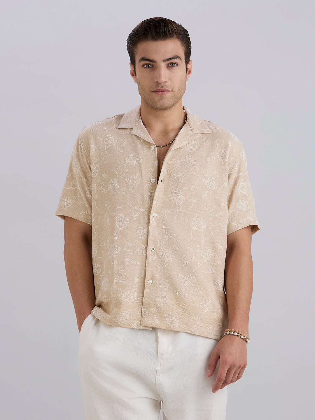 Aura Half-Sleeves Printed Cuban Collar Shirt - Cream