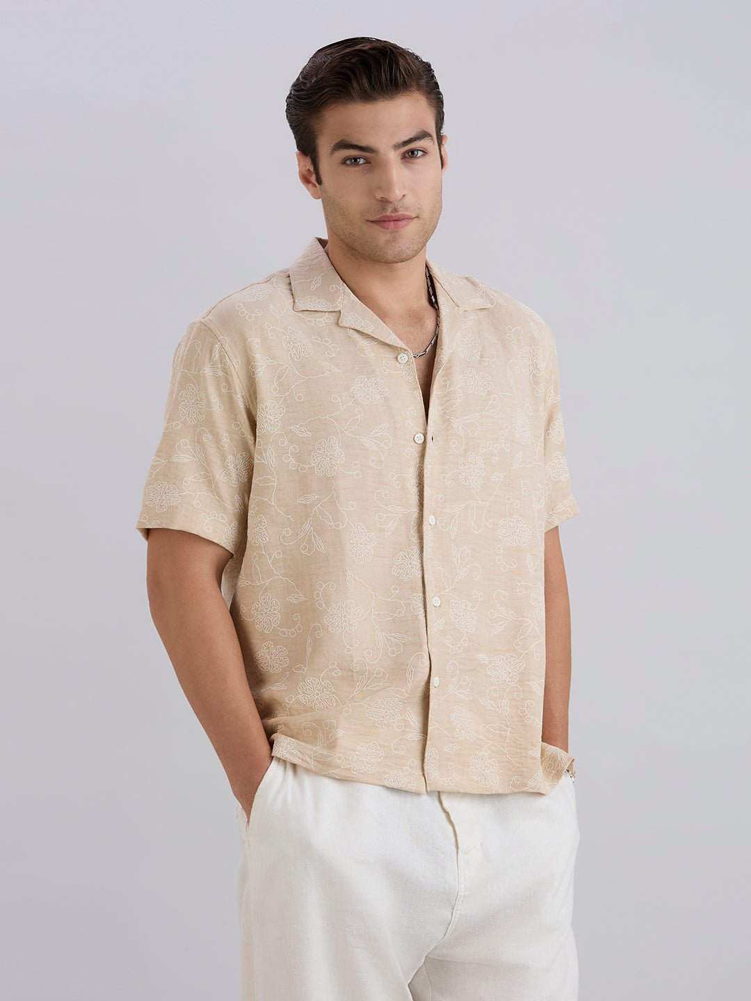 Aura Half-Sleeves Printed Cuban Collar Shirt - Cream