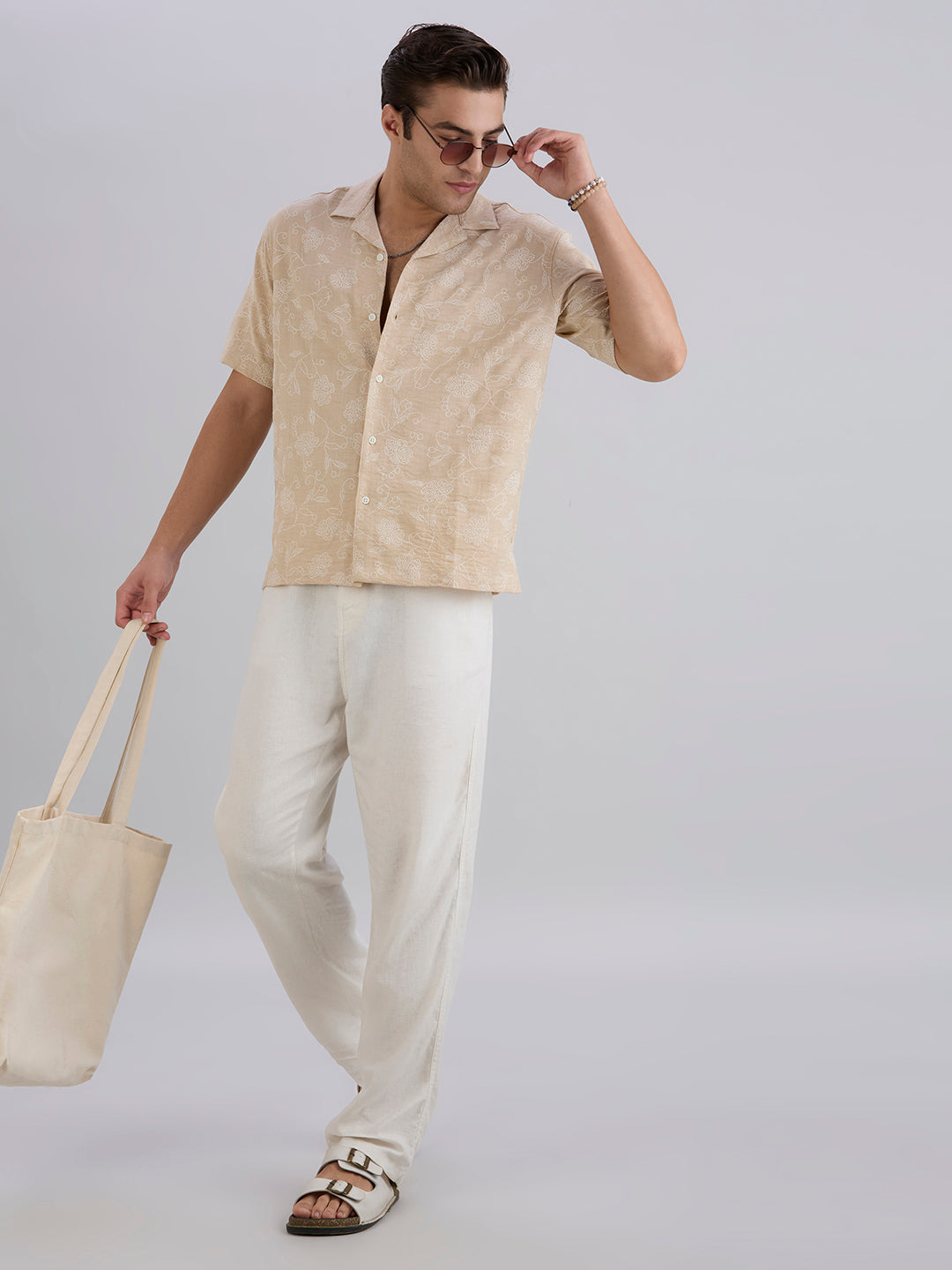 Aura Half-Sleeves Printed Cuban Collar Shirt - Cream