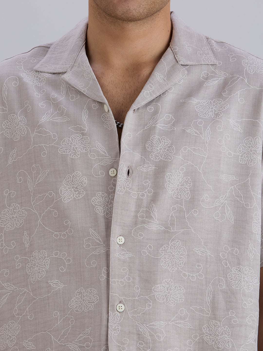 Aura Half-Sleeves Printed Cuban Collar Shirt - Grey