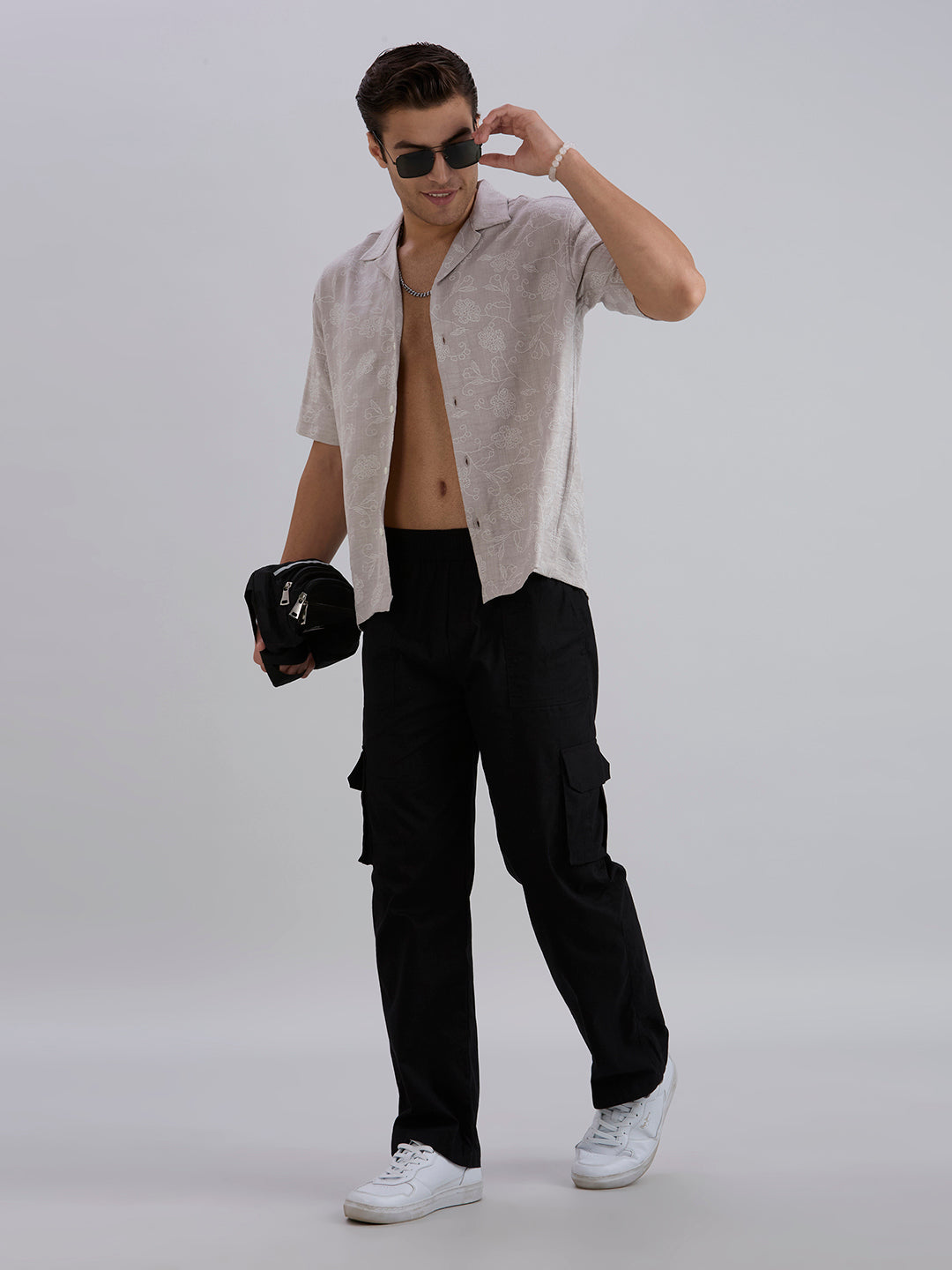 Aura Half-Sleeves Printed Cuban Collar Shirt - Grey