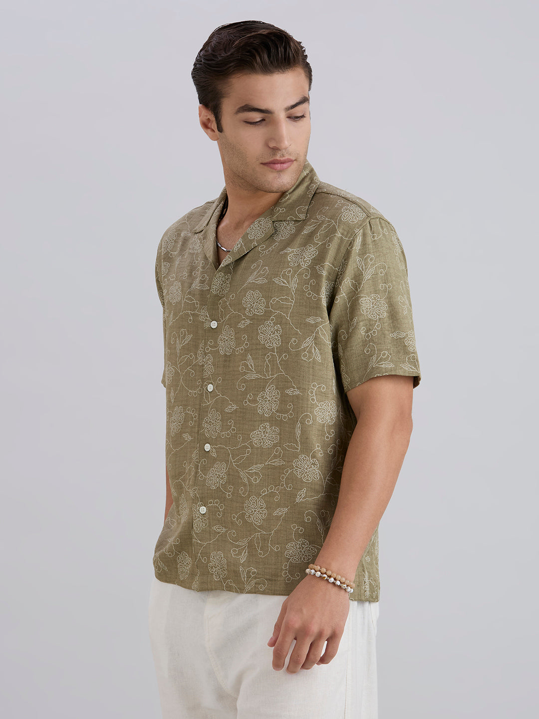 Aura Half-Sleeves Printed Cuban Collar Shirt - Green